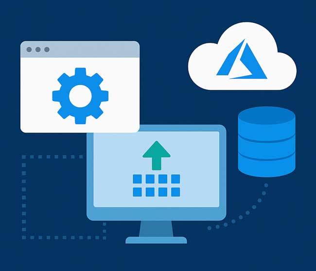 Illustration showing application modernization to the cloud, featuring a gear icon, an upward arrow on a monitor, a database stack, and the Microsoft Azure cloud logo