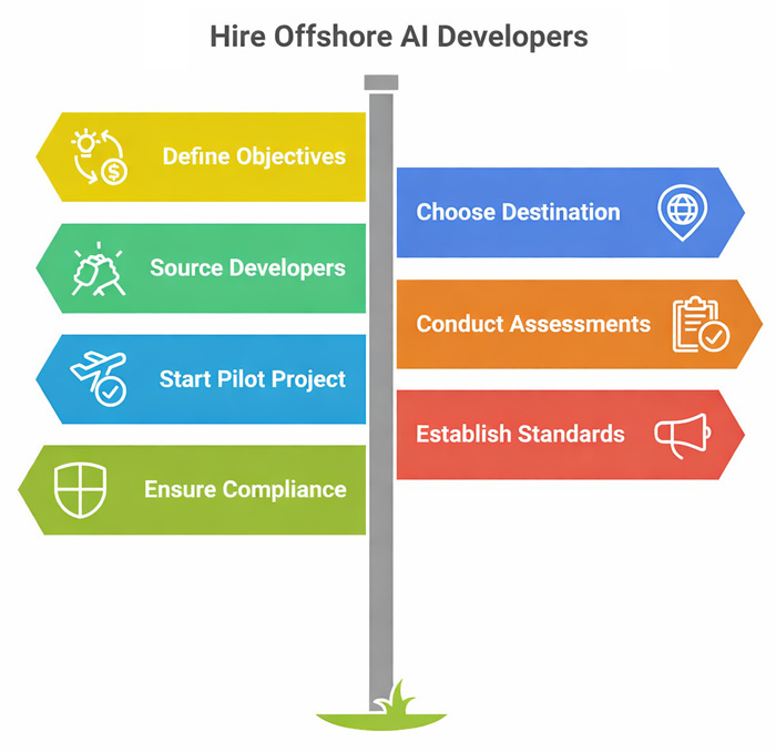Steps for hiring offshore AI developers, including defining AI goals, choosing the right location, vetting talent, running pilot projects, and ensuring security and compliance.