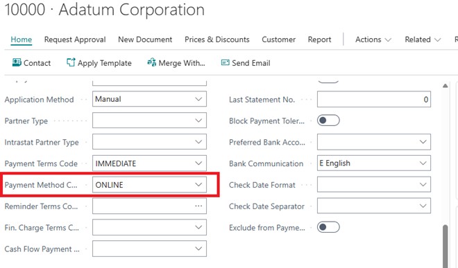 A sample screenshot from a Business Central system displaying the Payment Method Code set to ONLINE within a customer or vendor settings form