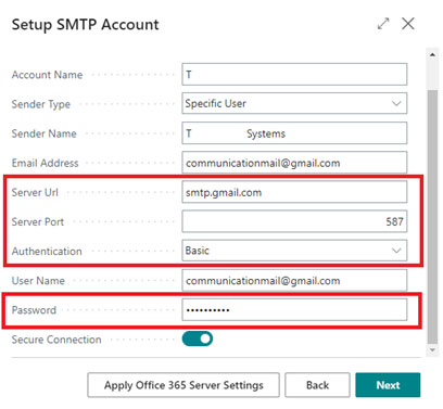 A screenshot of the 'Setup SMTP Account' screen. Red rectangular boxes highlight the critical server configuration fields and the Password field contains an encrypted string.