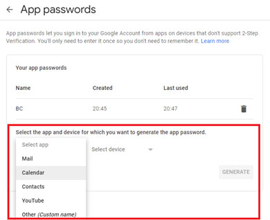 A screenshot of the 'App passwords' interface. A red rectangular box highlights the selection area where a user can choose an app and device to generate a password.