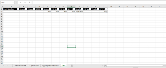 The screenshot displays an Excel workbook with multiple tabs, specifically focused on a table structure within the 'Data' worksheet.