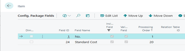 A screenshot of the Config. Package Fields page for the Item table. It displays a list of specific fields included in the data migration package.