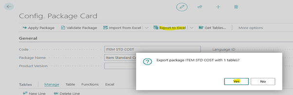A screenshot of the Config. Package Card for 'ITEM STD COST' with a confirmation dialog box open in Business Central.