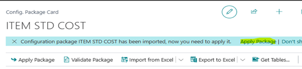 A screenshot of the Config. Package Card for 'ITEM STD COST' featuring a status bar at the top.