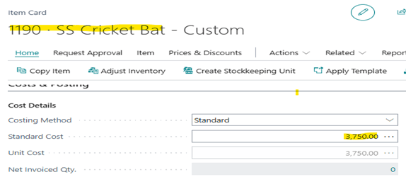 A screenshot of an item card in Business Central showing the updated Standard Cost of 3,750.00.