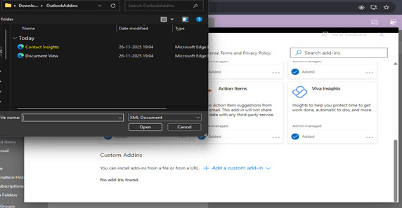 Screenshot of a computer screen showing a file open dialog box over a web browser window displaying an Outlook Add-ins page. 