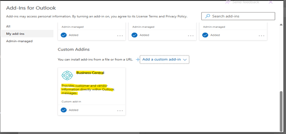 Screenshot of the Add-Ins for Outlook page, showing the 'My add-ins' section. The Business Central custom add-in is listed under Custom Addins, with a description stating it provides customer and vendor information directly within Outlook messages.