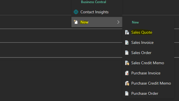 Dropdown menu in Business Central Outlook add-in showing options to create new documents, including Sales Quote, Sales Invoice, Sales Order, Sales Credit Memo, Purchase Invoice, Purchase Credit Memo, and Purchase Order.