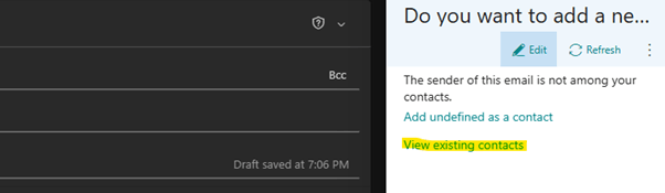 Screenshot of Outlook email draft with a sidebar prompt asking to add a new contact. The highlighted 'View existing contacts' link allows users to select from current contacts instead of adding a new one.