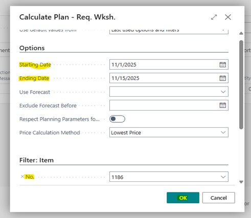 A sample screenshot containing plan calculation under fixed reorder quantity policy in Business Central.
