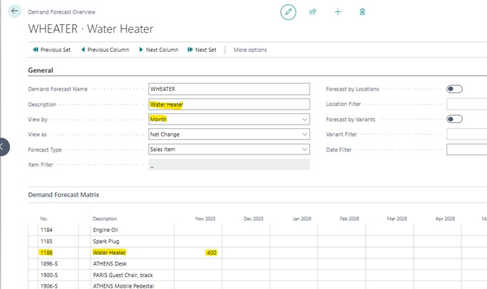 A sample screenshot containing updation of details in demand forecasting dashboard in Business Central.