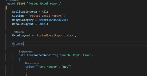 This image shows a snippet of AL code ,the language used for Microsoft Dynamics 365 Business Central within a code editor, specifically defining a report object.