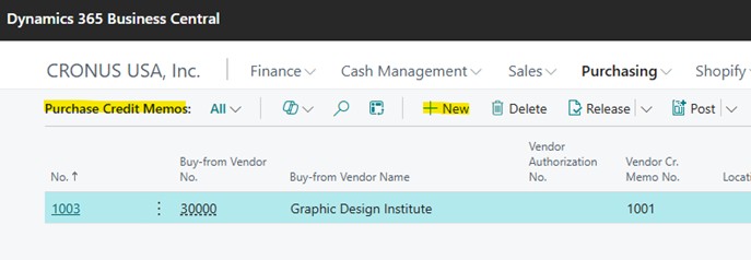 A sample screenshot of Business Central system displaying the process of creating a purchase credit memo.