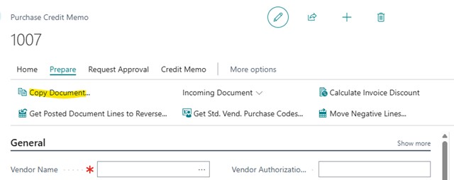 A sample screenshot of Business Central application showing steps in configuring purchase credit memo.