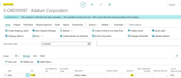 A sample screenshot of requisition worksheets under maximum quantity policy in Business Central.