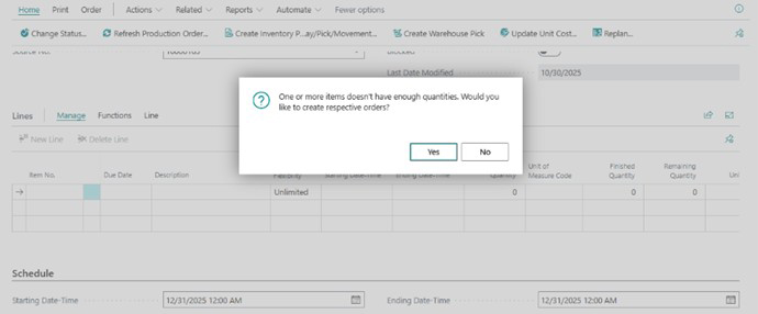 A sample screenshot of a business application displaying a pop-up over an order management screen in Business Central.