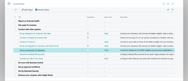 A screenshot of the 'Assisted Setup' page in Microsoft Dynamics 365 Business Central. It displays a list of configuration tasks organized by categories like 'Connect with other systems.'