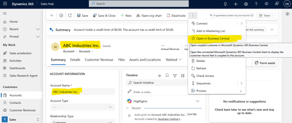 A view of the 'Accounts' table in Power Apps and the 'Sales Hub' in Dynamics 365, both showing 'ABC Industries Inc.' as a successfully synchronized account.