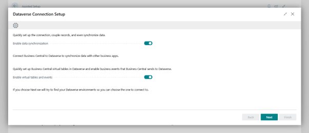 A setup window titled 'Dataverse Connection Setup.' The interface features two toggle switches, both set to the 'on' position, for 'Enable data synchronization' and 'Enable virtual tables and events.'