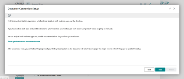 A synchronization guidance screen within the setup wizard. It explains that first-time synchronization depends on existing data and offers a 'Show synchronization recommendations' link.