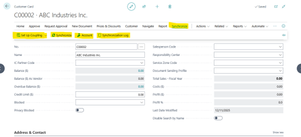 A 'Customer Card' in Business Central for 'ABC Industries Inc.' with the 'Synchronize' menu highlighted in the ribbon.