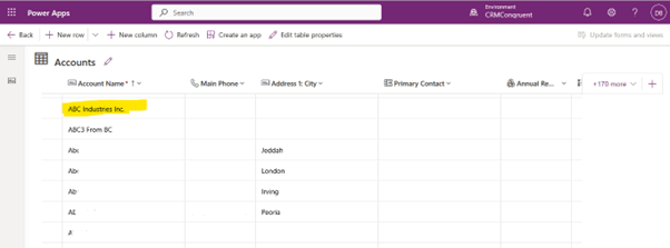 A view of the 'Accounts' table in the Power Apps interface for the 'CRMCongruent' environment. The list of account names shows 'ABC Industries Inc.' at the top, confirming the record exists in Dataverse.