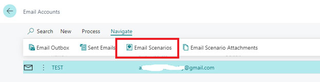 A screenshot of the 'Email Accounts' navigation bar. A red rectangular box highlights the 'Email Scenarios' option, which allows users to assign specific email accounts to different business processes or scenarios.