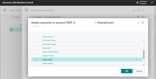 A screenshot of the 'Email Scenario Assignment' window. The 'Sales Order' scenario is selected and highlighted in light blue, indicating it is being assigned to the specific email account.