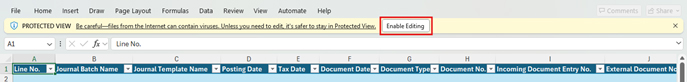 A screenshot of an Excel ribbon and formula bar containing data exported from Business Central. A yellow Protected View warning bar is visible at the top, with a red box highlighting the Enable Editing button.