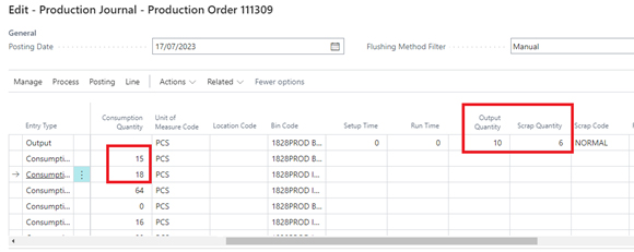 A screenshot of the final Production Journal entry shows an Output Quantity of 10 and a Scrap Quantity of 6 (reflecting the 50% factor and the 1 fixed unit).