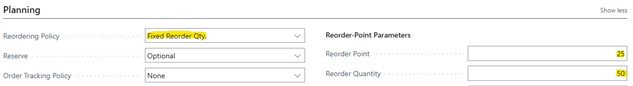 A sample screenshot of fixed reorder quantity policy in Business Central.