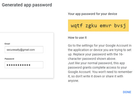 A screenshot titled 'Generated app password'. The interface displays a unique 16-character security key highlighted in a yellow box, alongside instructions on how to apply the code to a specific application or device.