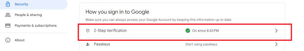 A screenshot of the Google Account 'Security' page. Under the 'How you sign in to Google' section, the '2-Step Verification' row is highlighted with a red rectangular box, showing a green checkmark.