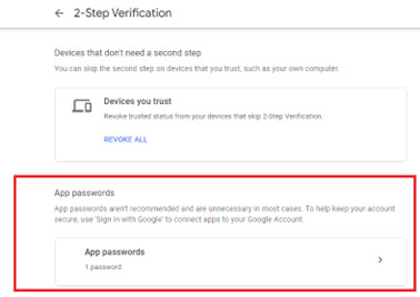 A screenshot of 2-step verification screen in Business Central security page showing App passwords settings, indicating 1 password is currently active.