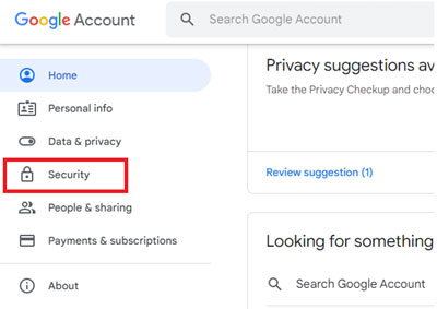 A screenshot of the Google Account settings page. On the left-hand navigation sidebar, the 'Security' tab is highlighted with a prominent red rectangular box. The main content area displays sections for 'Privacy suggestions' and a search bar labeled 'Search Google Account.'