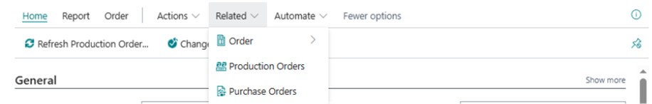 A sample screenshot of Business Central application's menu bar showing multiple options for order production orders, and purchase orders.