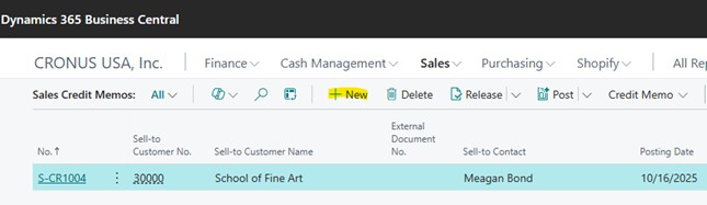 A sample screenshot of Business Central system displaying the process of creating a sales credit memo.