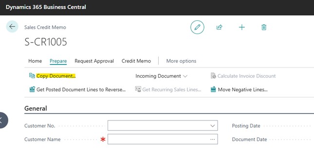A sample screenshot of Business Central application showing steps in configuring sales credit memo.
