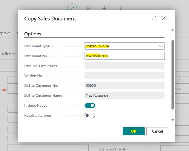A sample screenshot of steps involved in sales credit memo process creation in Business Central application.