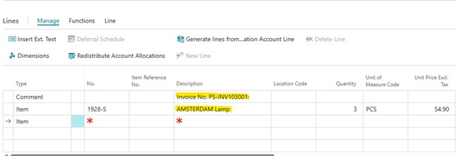 A sample screenshot of sales credit memo in Business Central application.