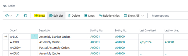 A screenshot of the 'No. Series' page in Microsoft Dynamics 365 Business Central, displaying code configurations for document numbering like Assembly Orders and Quotes.