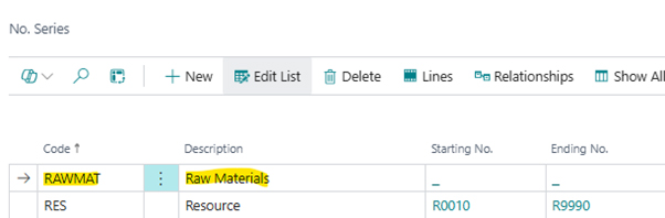 A screenshot of the Business Central 'No. Series' list, highlighting the 'RAWMAT' code for Raw Materials with the 'Edit List' action selected in the ribbon.