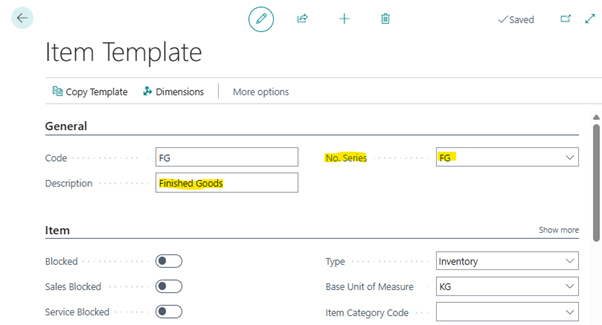 A screenshot of the Business Central 'Item Template' card for Finished Goods, showing the 'FG' No. Series being assigned to the template under the General FastTab.