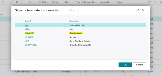 A screenshot of the 'Select a template for a new item' dialog box in Business Central, with the 'RAWMAT' (Raw Material) template highlighted and selected.