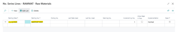 A screenshot of the Business Central 'No. Series Lines' page for Raw Materials, showing the entry of a Starting Date (11/13/2025) and a Starting No. (RAWMAT-0001).