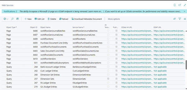 A screenshot of the Microsoft Dynamics 365 Business Central Web Services page, displaying a list of published OData and SOAP endpoints with a deprecation warning banner.