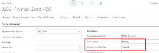 A screenshot of the 'Item Card' for Finished Good. A red box highlights that it uses the same Routing No. R00190 but a different Production BOM No. 100118.