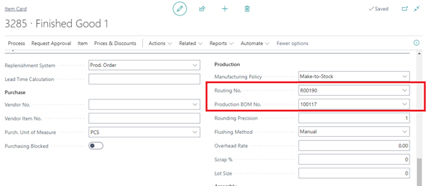 A screenshot of an 'Item Card' for 'Finished Good 1'. A red rectangular box highlights the Production section, specifically the Routing No. and Production BOM No..