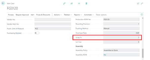 A screenshot of an Item Card for item FG0120. A red box highlights the 'Scrap %' field under the production settings, which is currently set to 2.